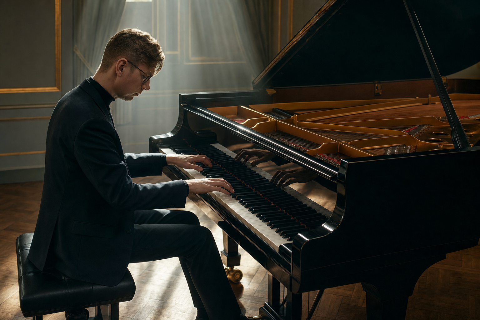 Vikingur Olafsson shaping clear contrapuntal lines at a concert grand piano