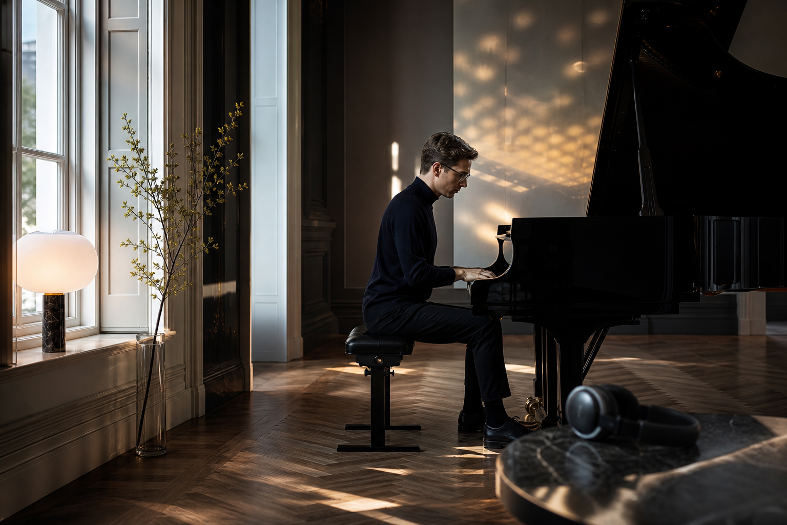 Focused listening scene with headphones and a pianist at a grand piano
