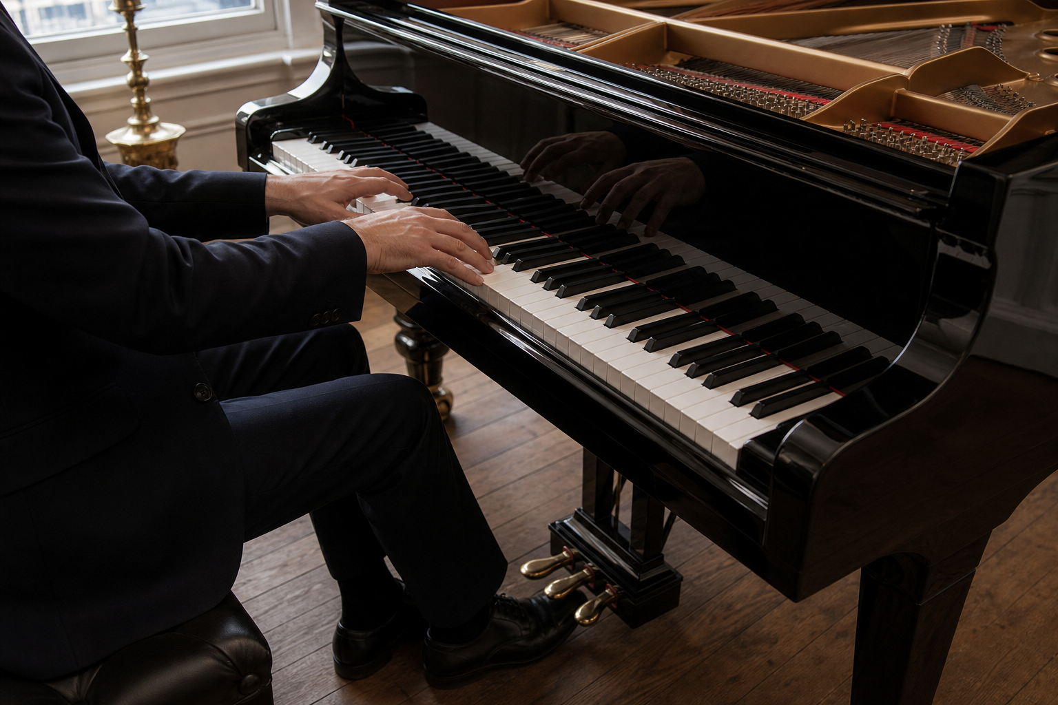 Hands shaping Debussy colour and pedalling at a grand piano