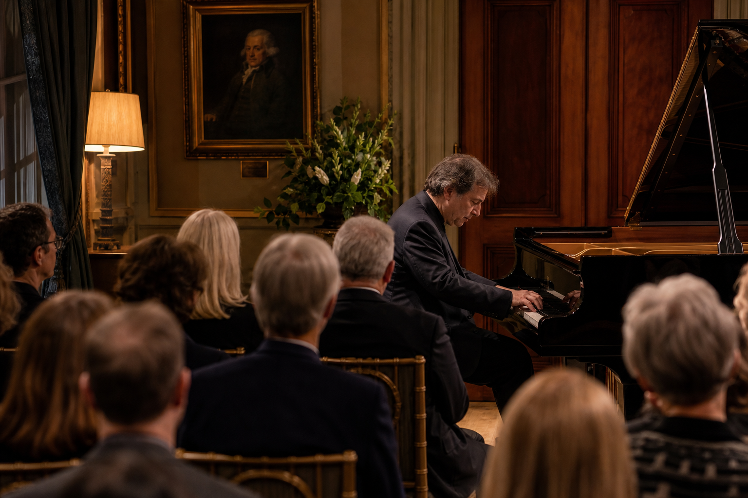 London recital audience listening to a serious piano performance