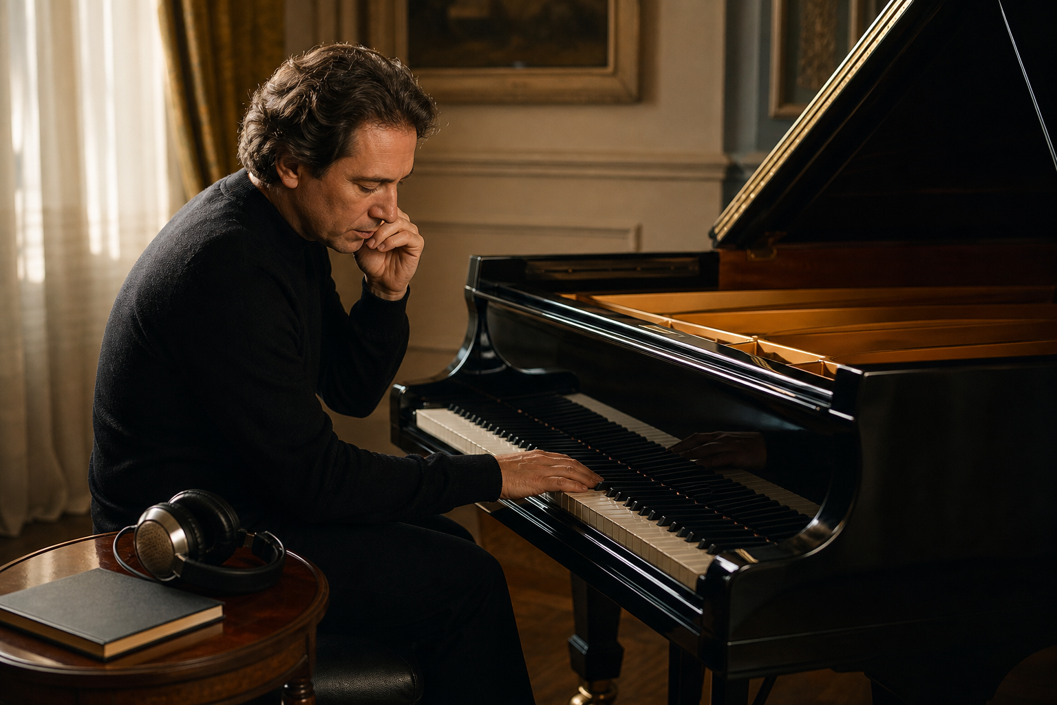 Adult pianist listening back critically beside a grand piano