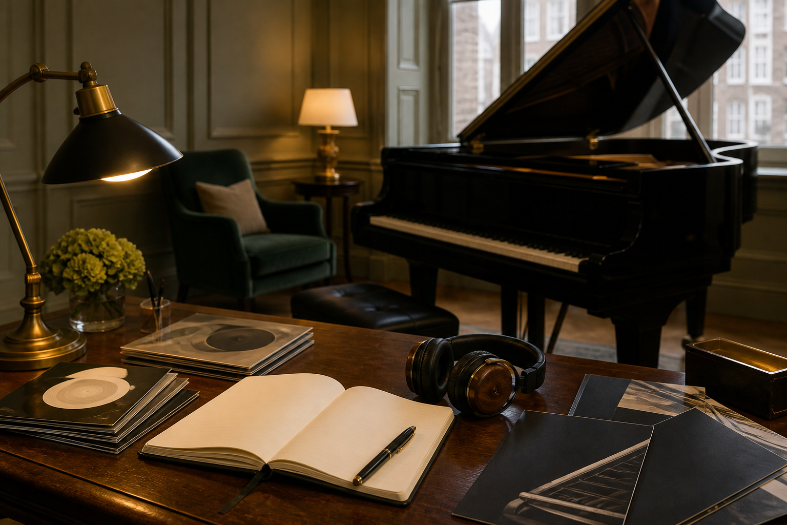 Recordings and serious piano listening Grand piano listening desk with headphones and blank notebook in a London studio