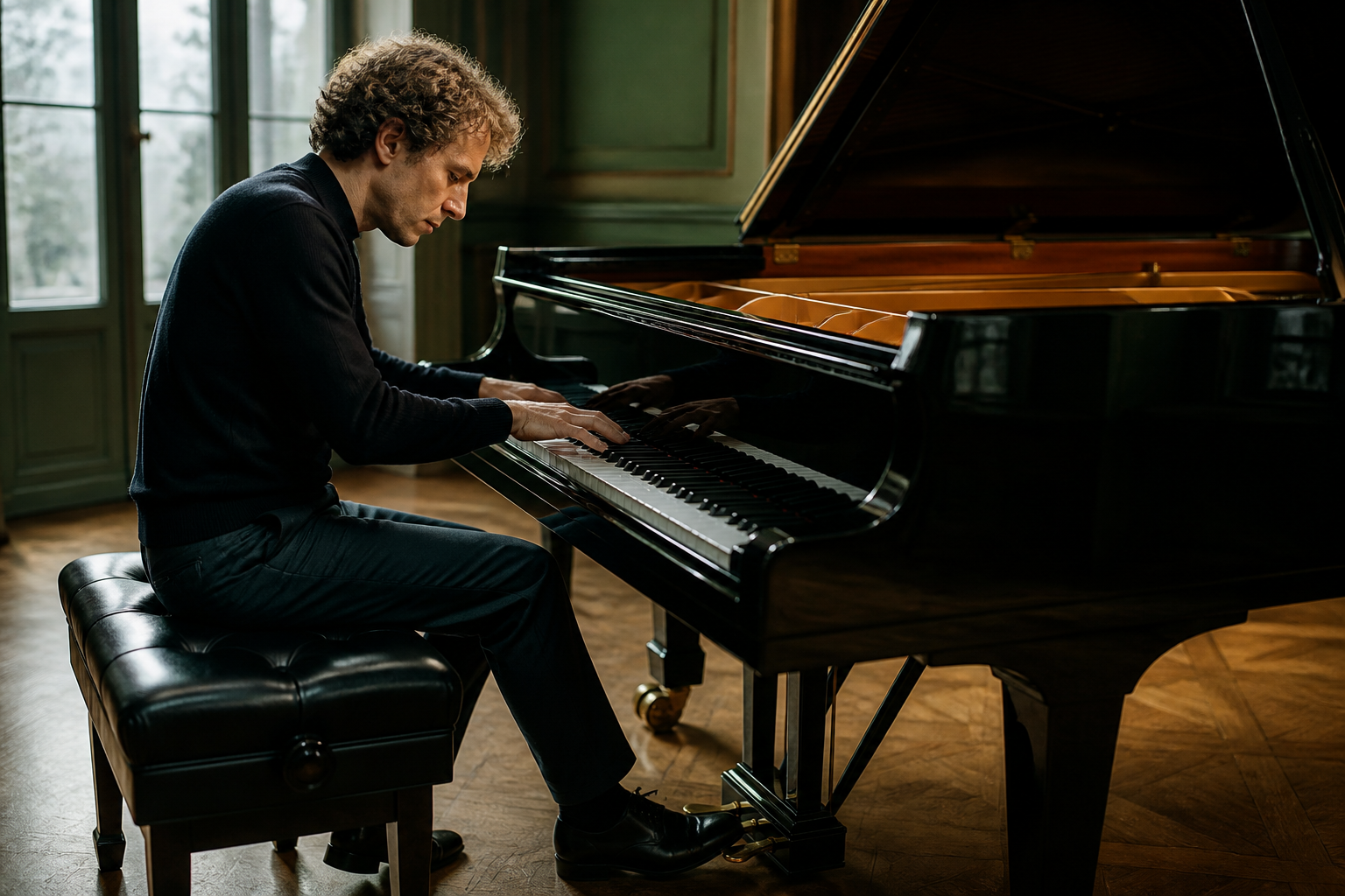 Tone and balance in piano listening Pianist shaping tone and balance at a concert grand piano