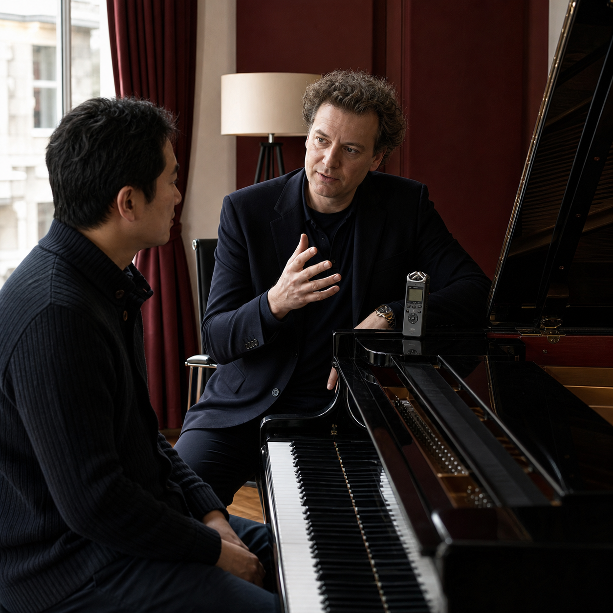 Adult pianist and teacher discussing sound inspired by Yefim Bronfman