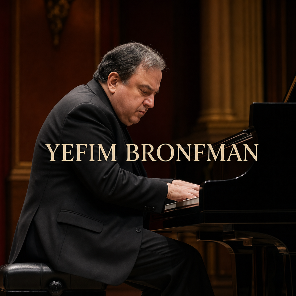 Yefim Bronfman at a concert grand piano in a distinguished London hall