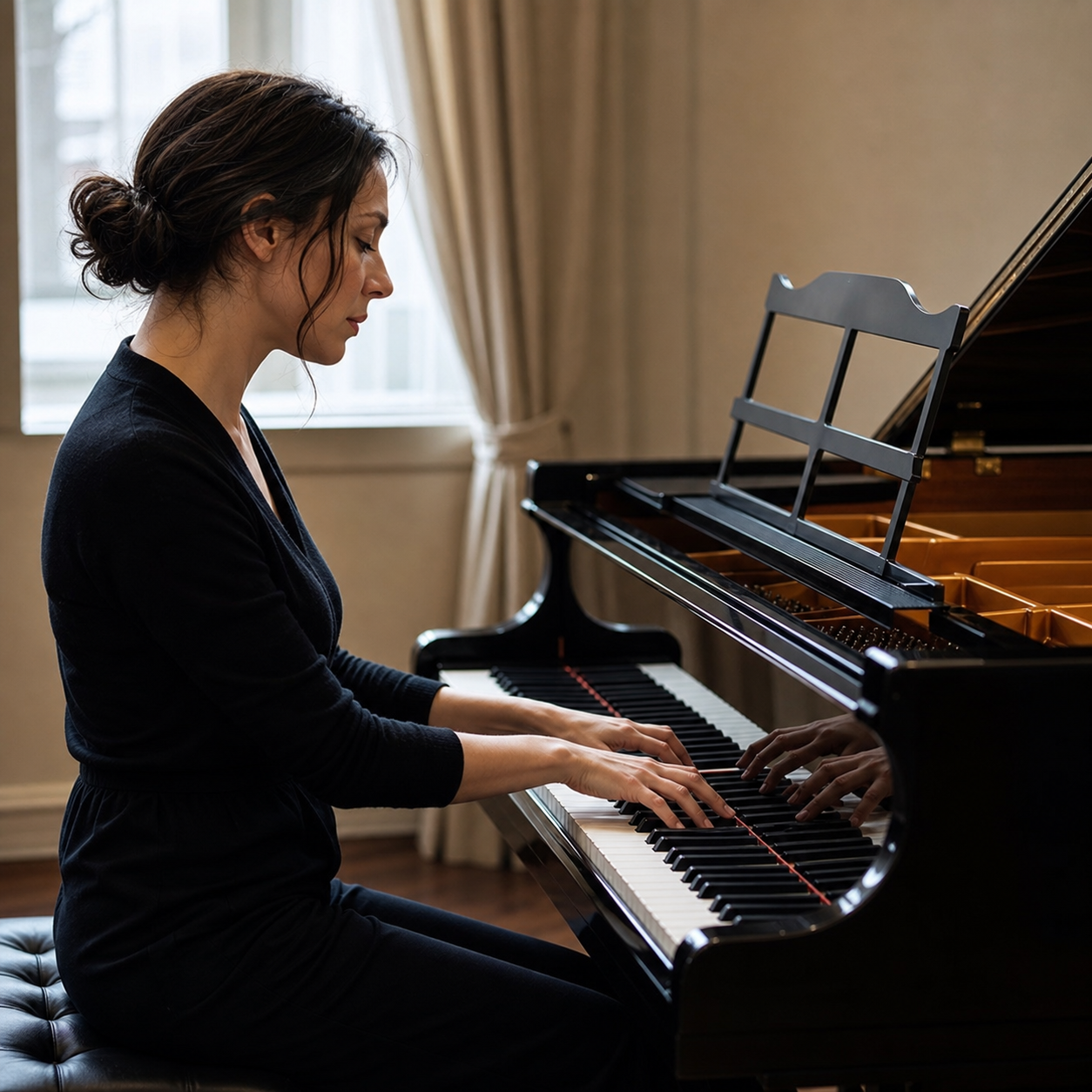 Pianist shaping a Chopin phrase with clear voicing and balanced touch