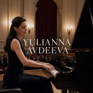 Yulianna Avdeeva at a grand piano in a London recital hall
