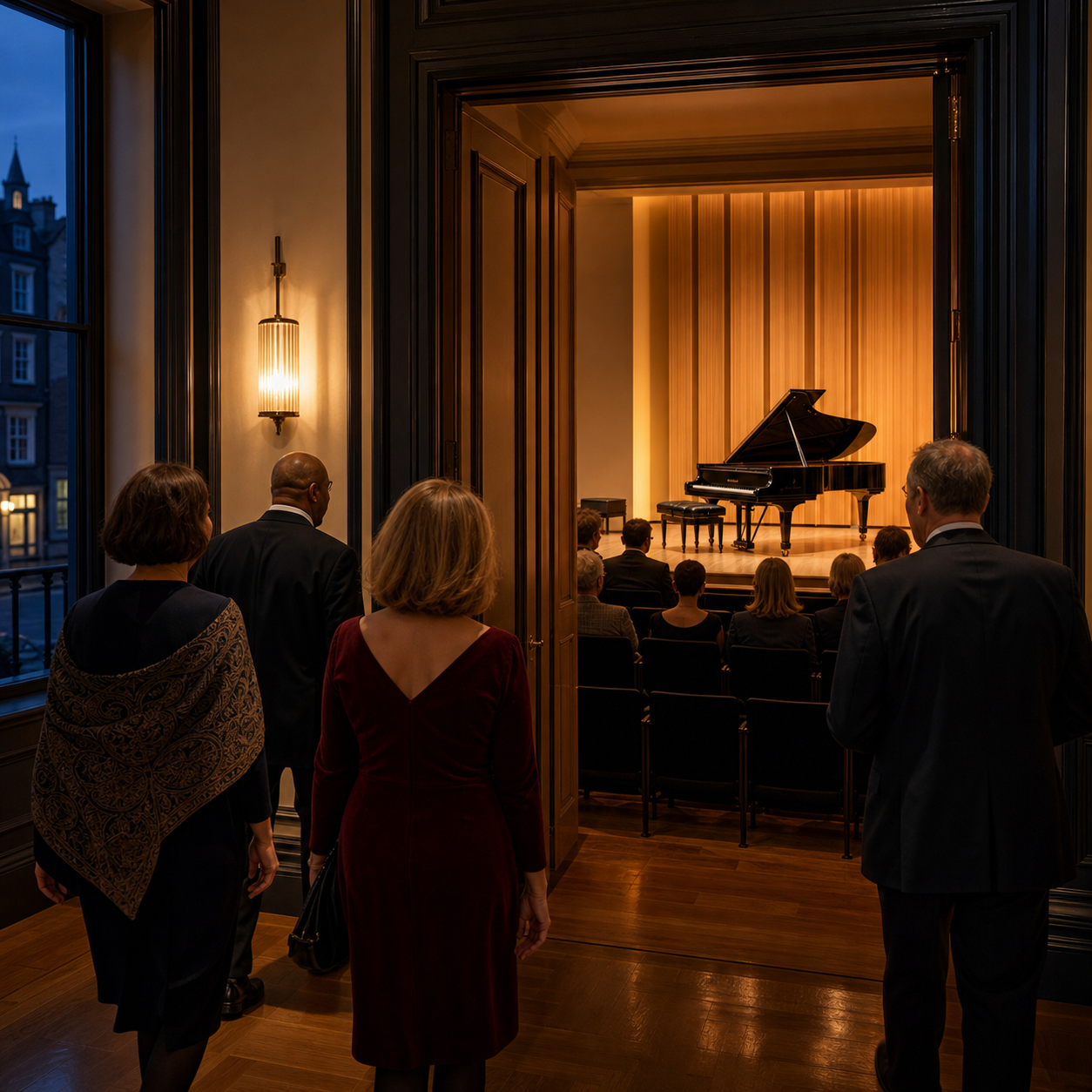 Adult listeners entering a London piano recital hall